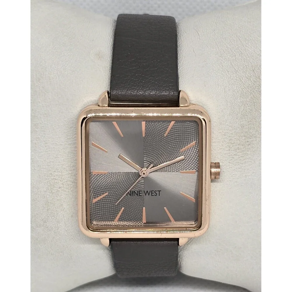 Women's Nine West Casual Square Rose Gold Tone Case Gray Leather Strap Watch 13 - Picture 1 of 9